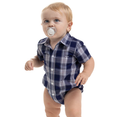 Just Country Infant Frankie Short Sleeve Full Button Jumpsuit -  Navy & White Plaid