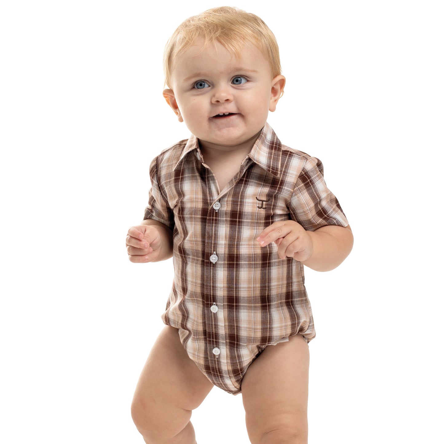 Just Country Infant Frankie Short Sleeve Full Button Jumpsuit -  Tan, Chocolate & White Plaid