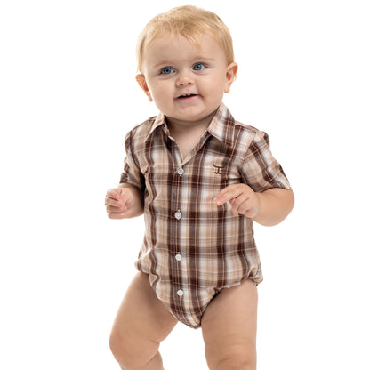 Just Country Infant Frankie Short Sleeve Full Button Jumpsuit -  Tan, Chocolate & White Plaid