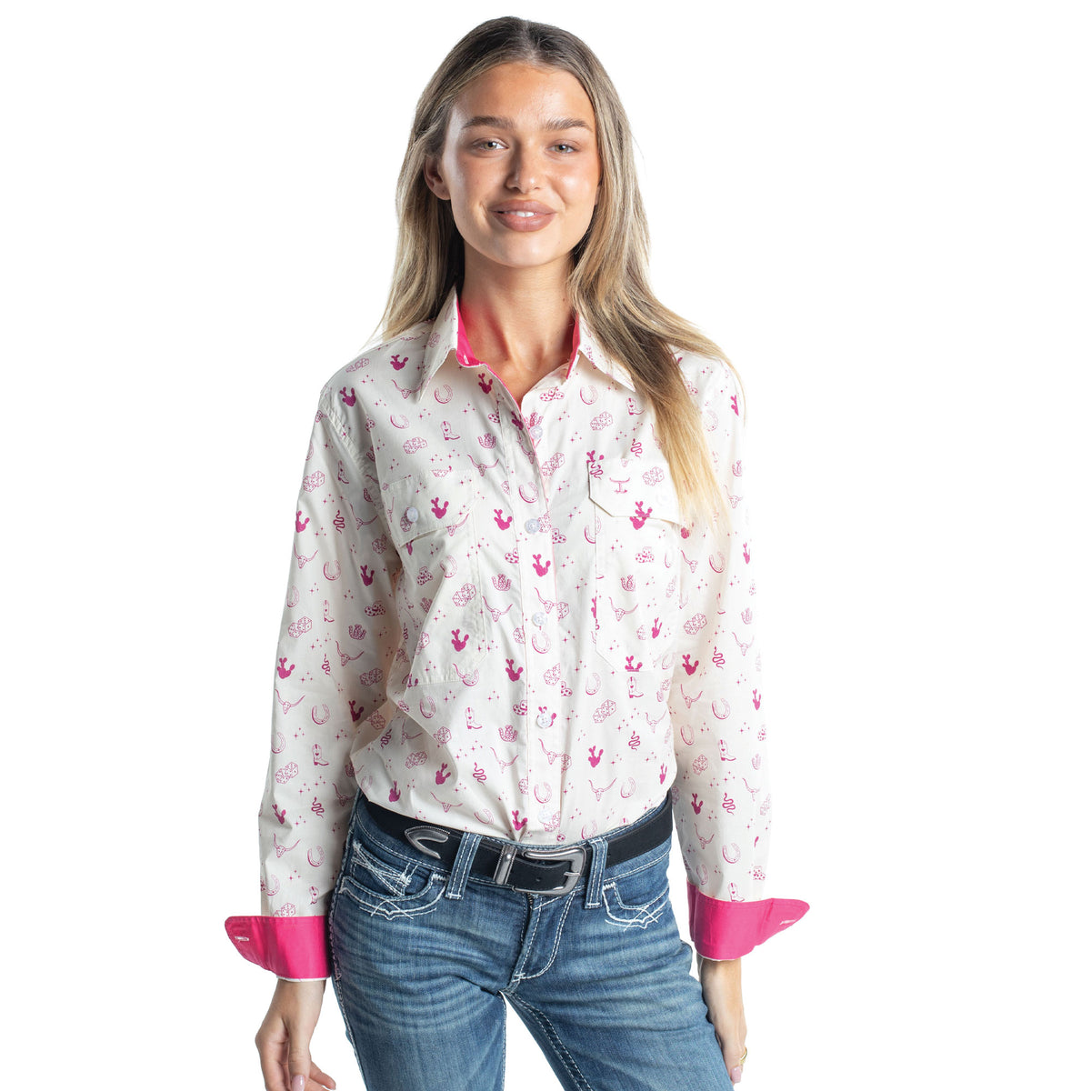 Just Country Women's Abbey Full Button Long Sleeve Shirt  -Cream & Fuchsia Western Print / Hot Pink WWLS2679