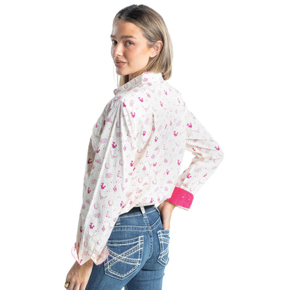Just Country Women's Abbey Full Button Long Sleeve Shirt  -Cream & Fuchsia Western Print / Hot Pink WWLS2679