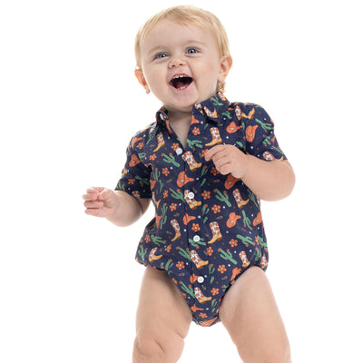 Just Country Infant Frankie Short Sleeve Full Button Jumpsuit -  Navy Western Boots