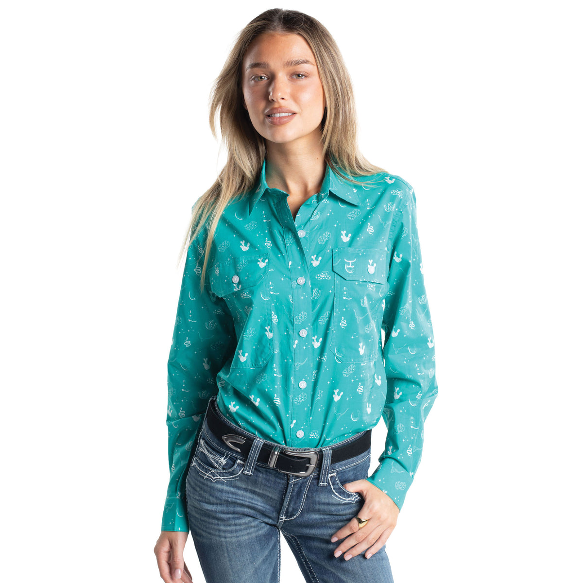 Just Country Women's Abbey Full Button Long Sleeve Shirt  -Turquoise & White Western Print WWLS2681