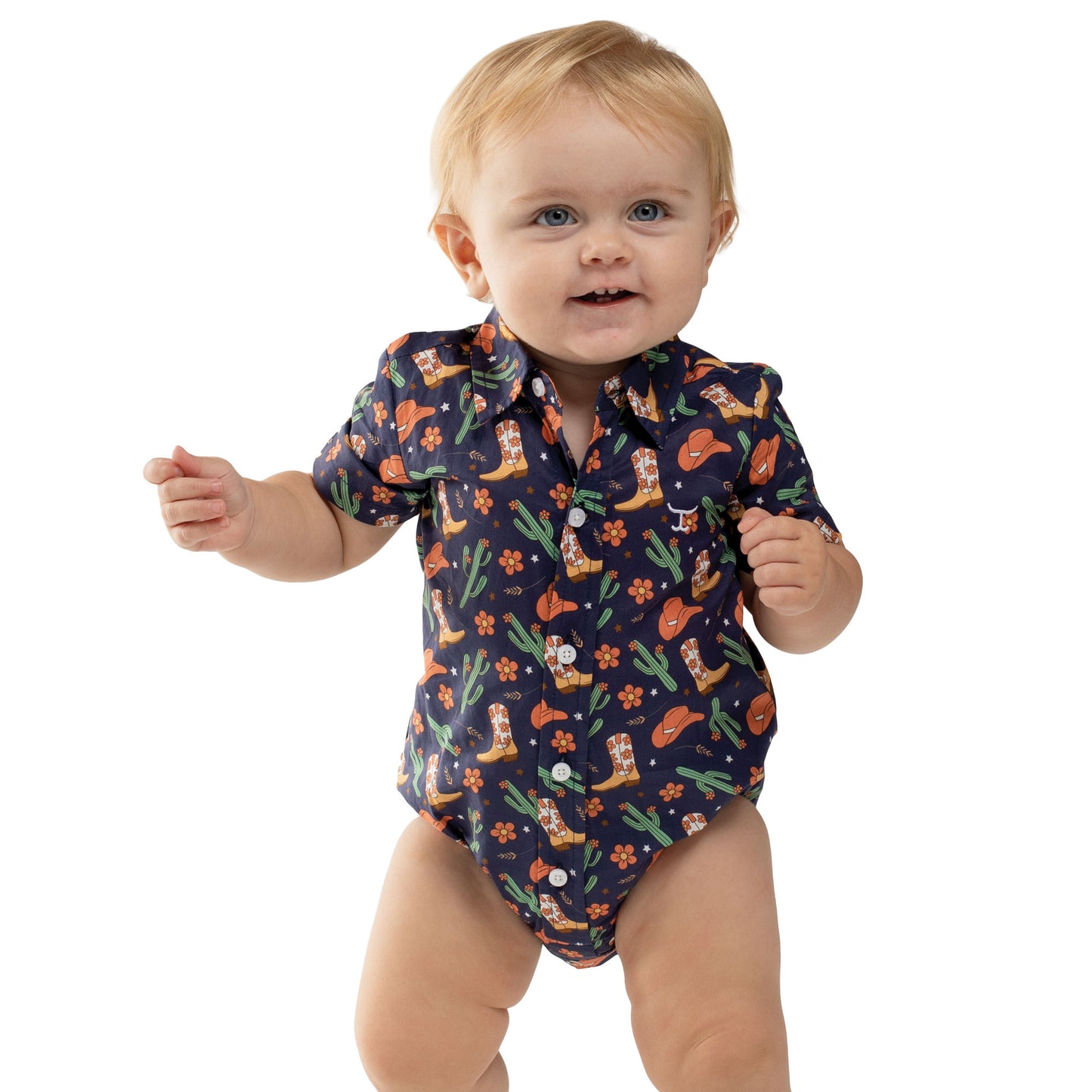 Just Country Infant Frankie Short Sleeve Full Button Jumpsuit -  Navy Western Boots