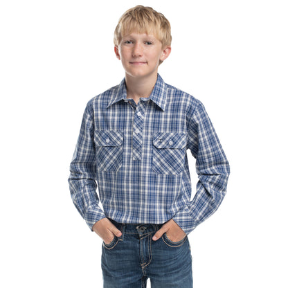 Just Country Boy's Brayden Half Button Workshirt - Royal Blue & White Plaid