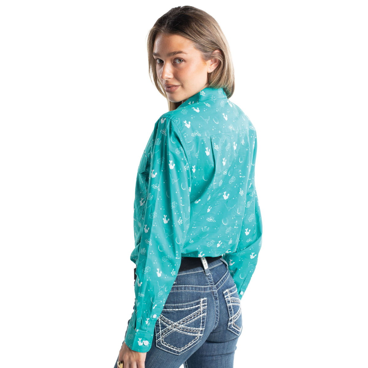 Just Country Women's Abbey Full Button Long Sleeve Shirt  -Turquoise & White Western Print WWLS2681