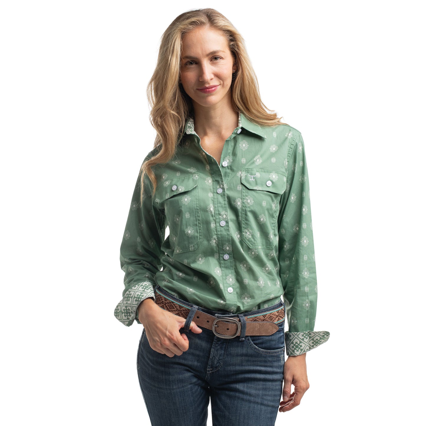 Just Country Women's Abbey Full Button Shirt  - Eucalyptus & White