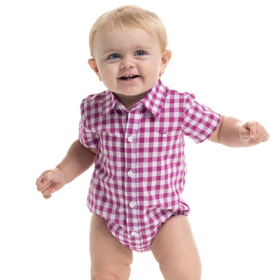 Just Country Infant Frankie Short Sleeve Full Button Jumpsuit -  Magenta & White Check