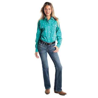 Just Country Women's Abbey Full Button Long Sleeve Shirt  -Turquoise & White Western Print WWLS2681