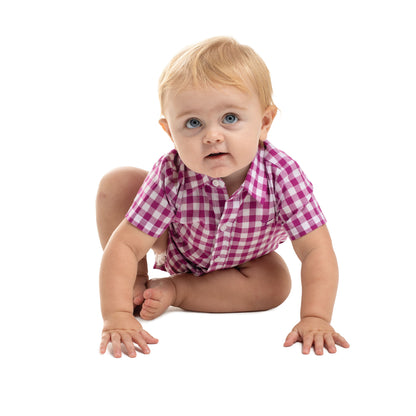 Just Country Infant Frankie Short Sleeve Full Button Jumpsuit -  Magenta & White Check