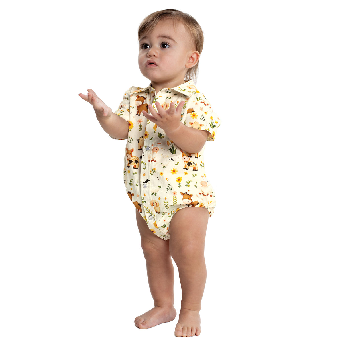 Just Country Infant Frankie Short Sleeve Full Button Jumpsuit - Cream Animal Nursery IWSS2693