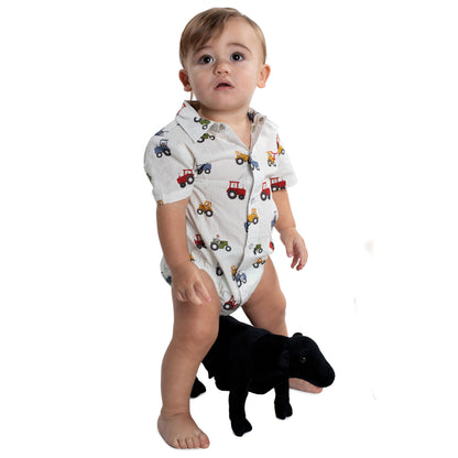 Just Country Infant Frankie Short Sleeve Full Button Jumpsuit - Stone Tractors IWSS2694