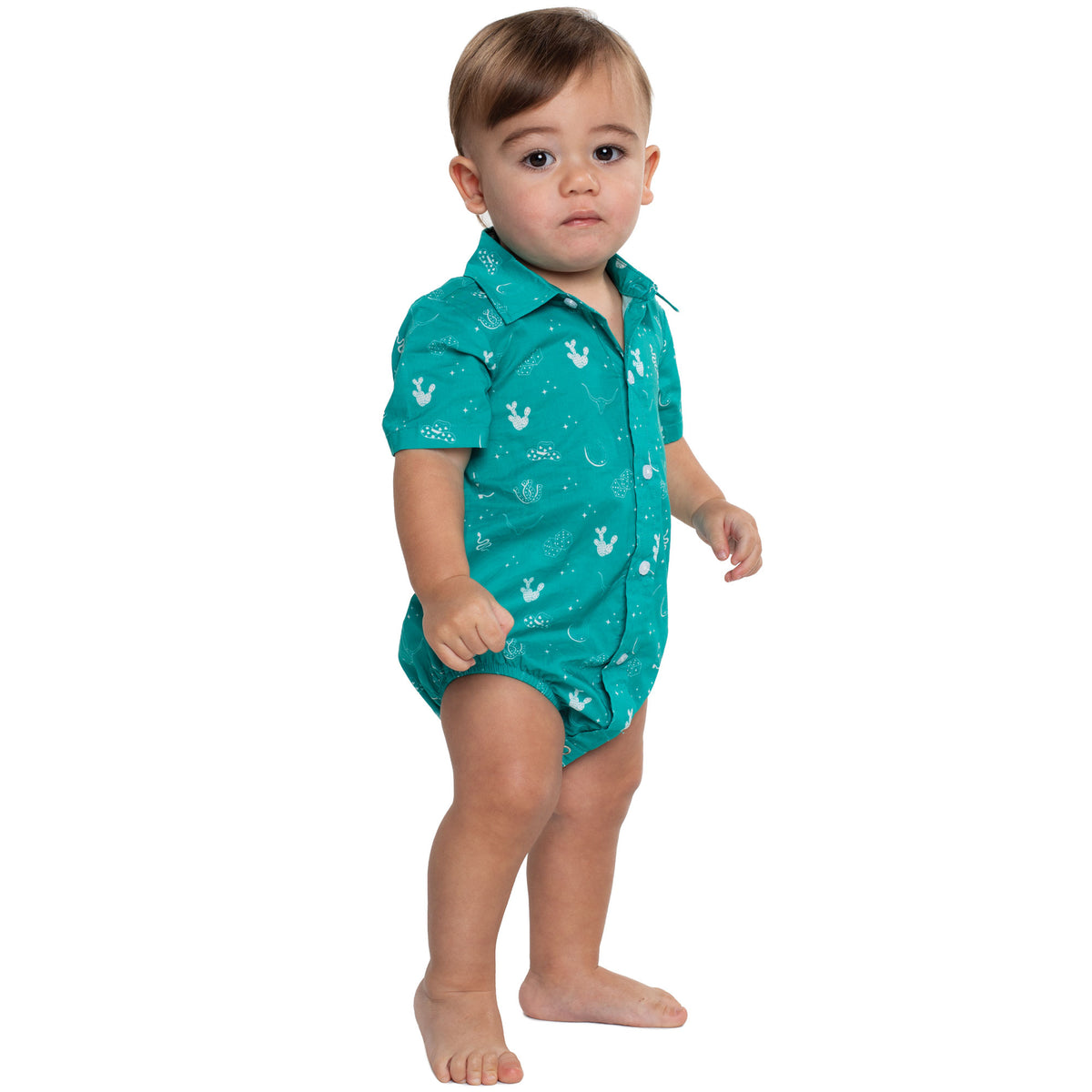 Just Country Infant Frankie Short Sleeve Full Button Jumpsuit - Turquoise & White Western Print IWSS2680