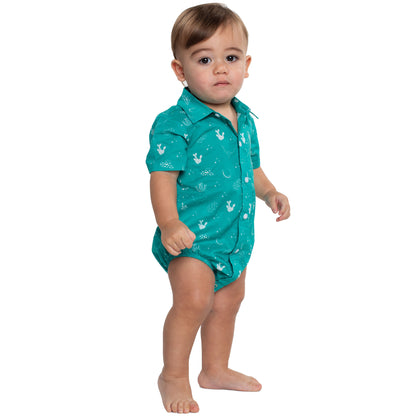 Just Country Infant Frankie Short Sleeve Full Button Jumpsuit - Turquoise & White Western Print IWSS2680