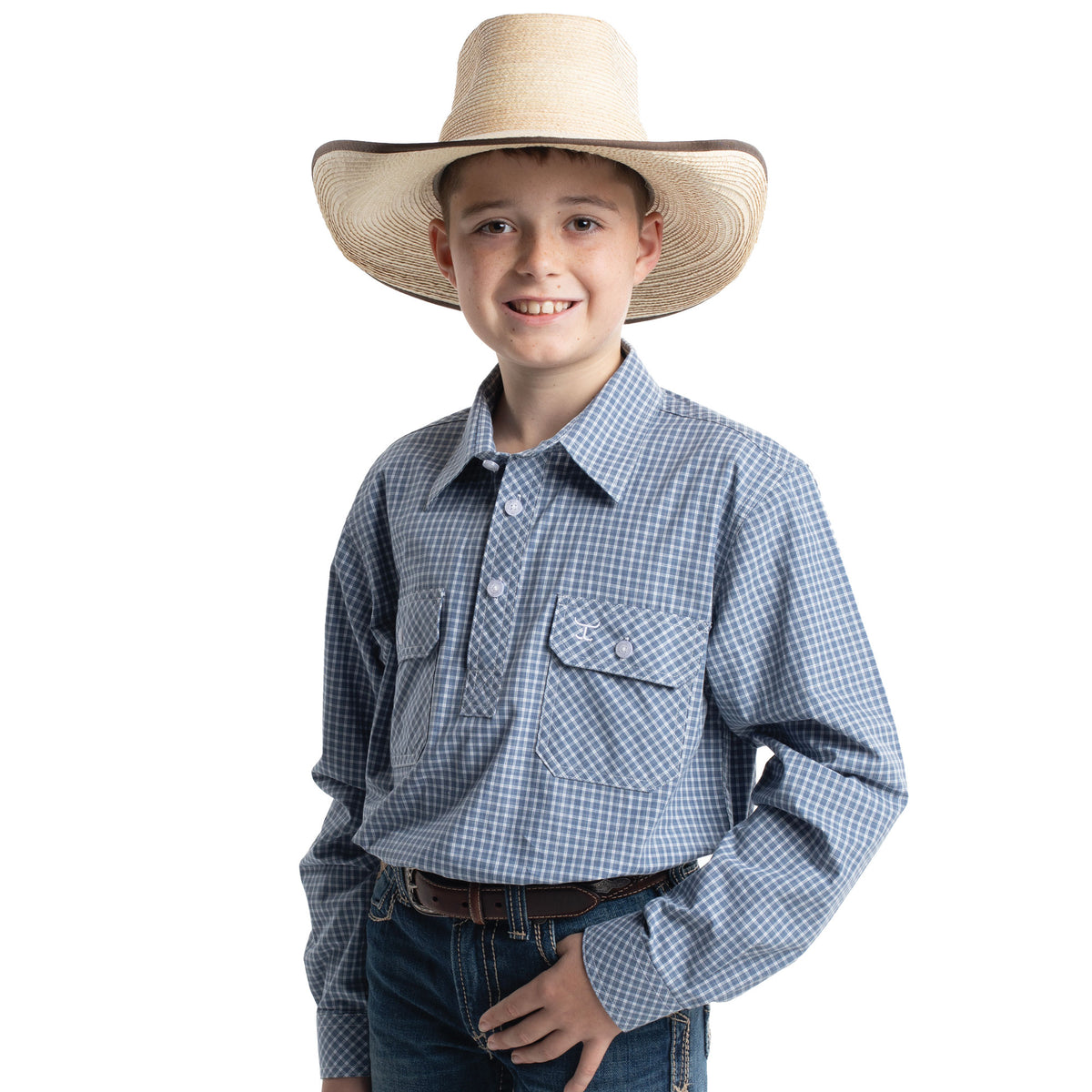 Just Country Boy's Brayden Half Button Workshirt - Denim Blue & White Check