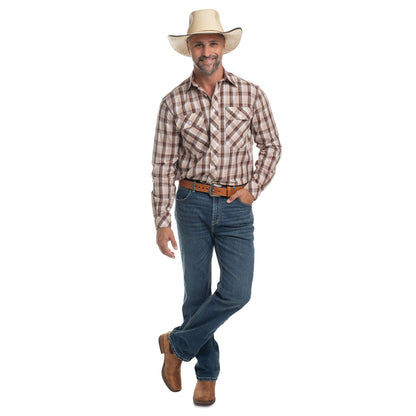 Just Country Men's Austin Full Button Workshirt -Tan, Chocolate & White Plaid