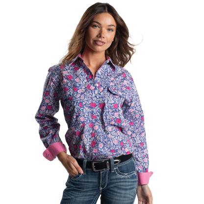 Just Country Women's Georgie Half Button Workshirt - Blue Chrysanthemum/Rose WWLS2684