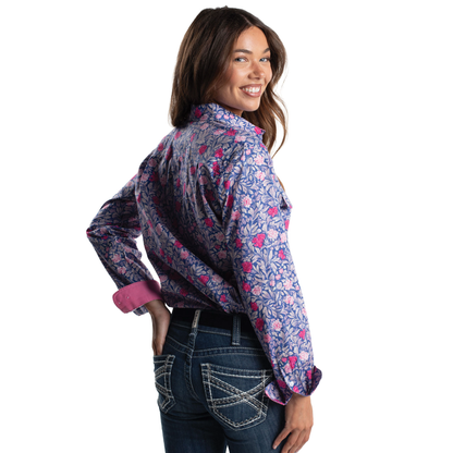 Just Country Women's Georgie Half Button Workshirt - Blue Chrysanthemum/Rose WWLS2684