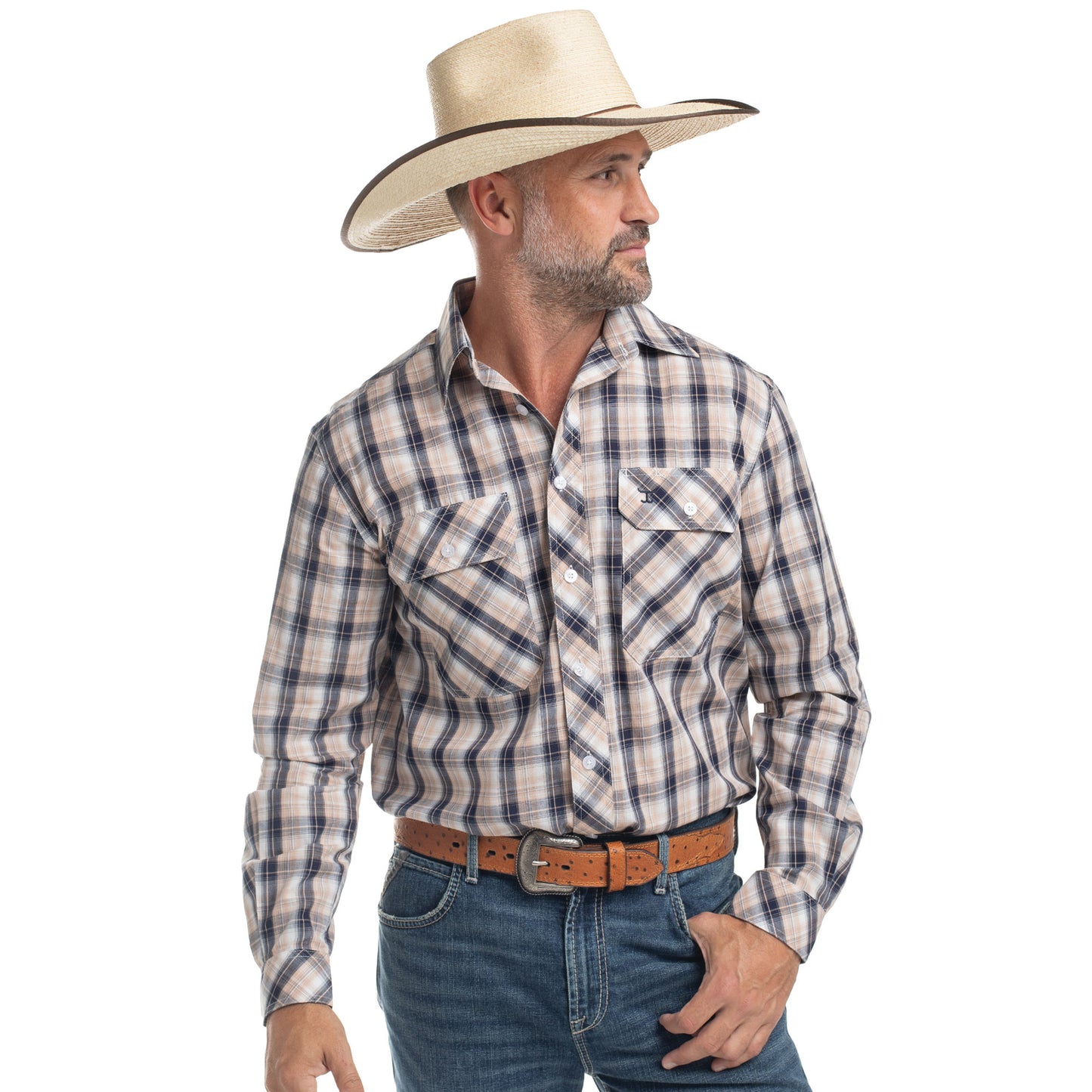 Just Country Men's Austin Full Button Workshirt - Tan, Navy & White Plaid