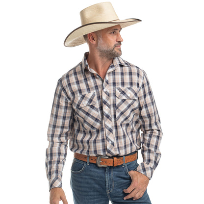 Just Country Men's Austin Full Button Workshirt - Tan, Navy & White Plaid