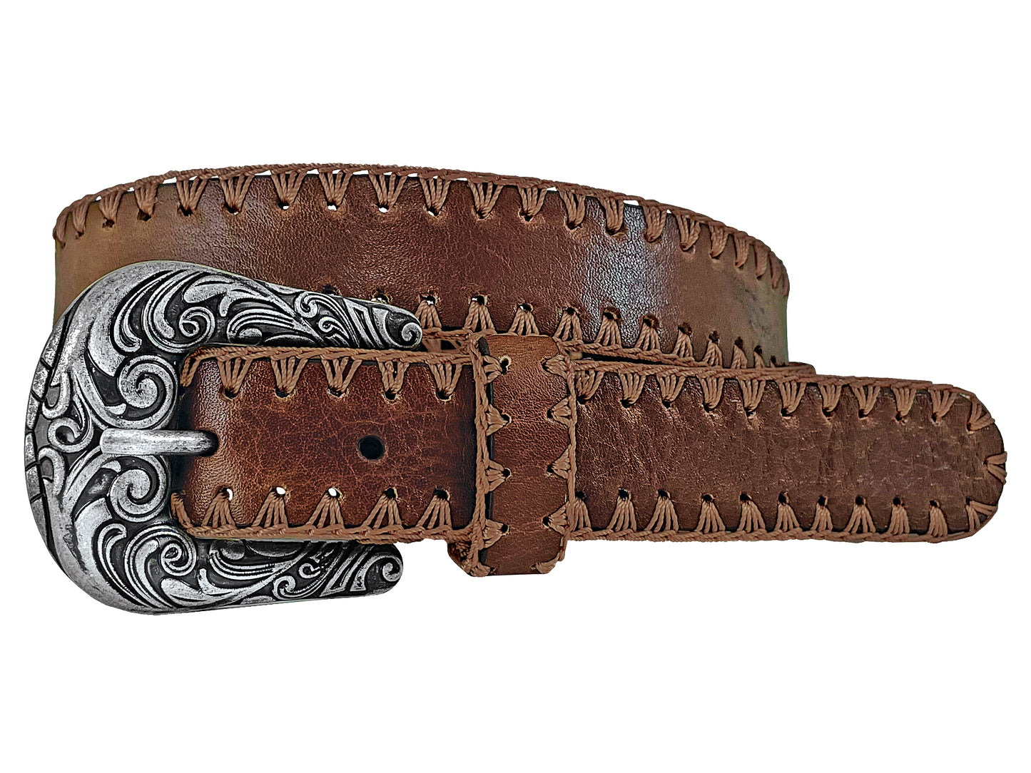 Roper Women's Belt 1.1/4" Leather with Crochet Edges Brown