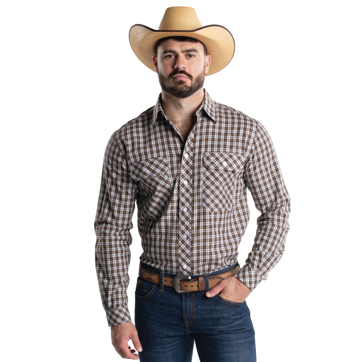 Just Country Men's Austin Full Button Workshirt -Coffee & White Check MWLS2672