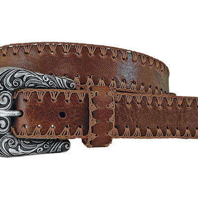 Roper Women's Belt 1.1/4" Leather with Crochet Edges Brown