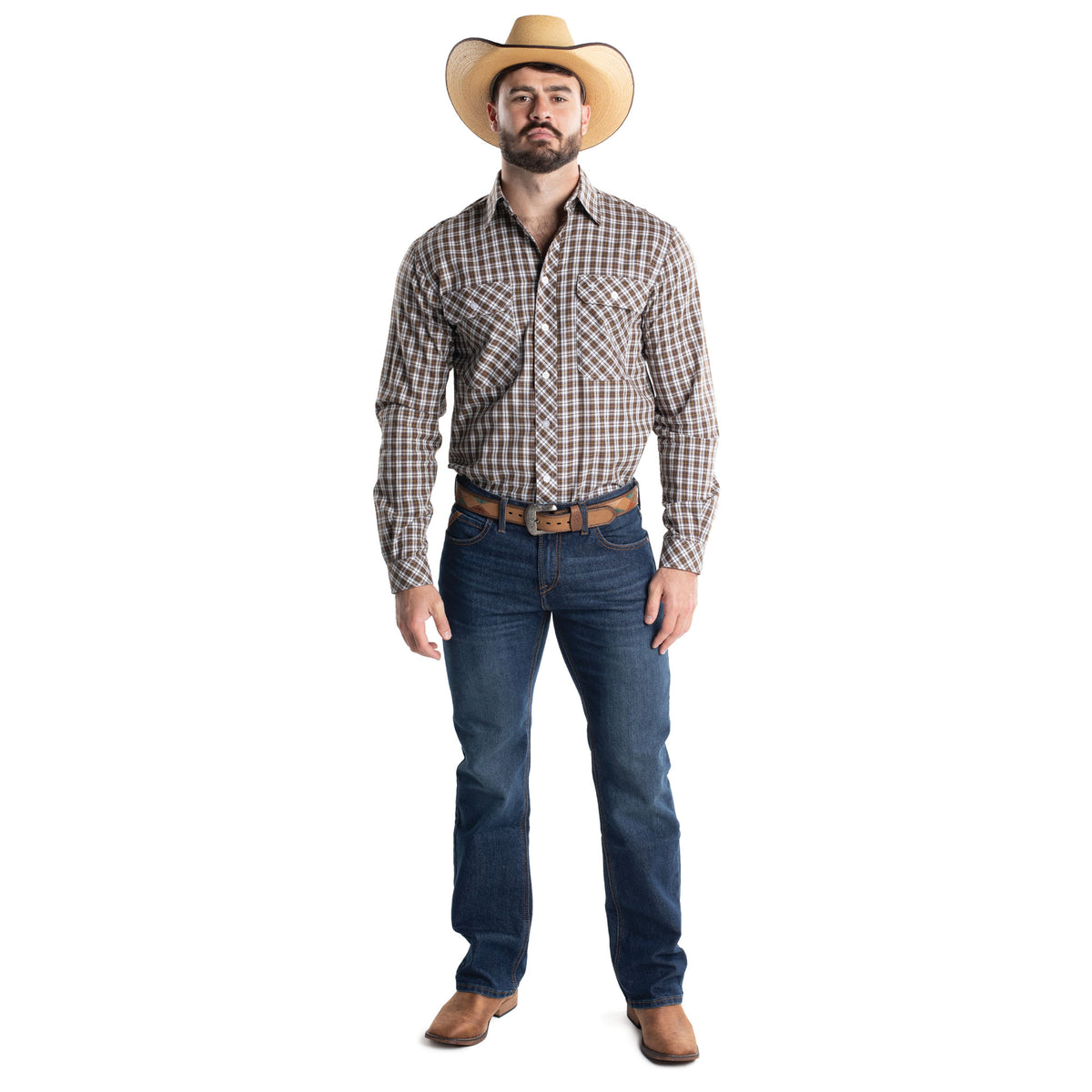 Just Country Men's Austin Full Button Workshirt -Coffee & White Check MWLS2672