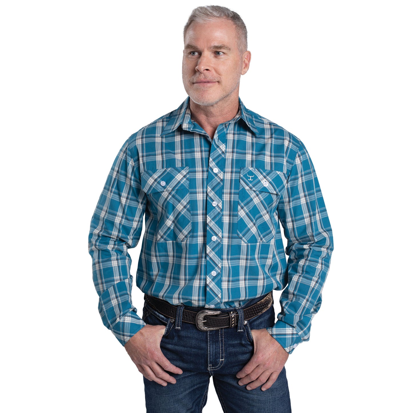 Just Country Men's Austin Full Button Long Sleeve Print Workshirt - Petrol Plaid