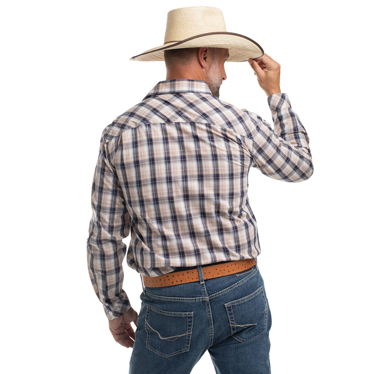 Just Country Men's Austin Full Button Workshirt - Tan, Navy & White Plaid