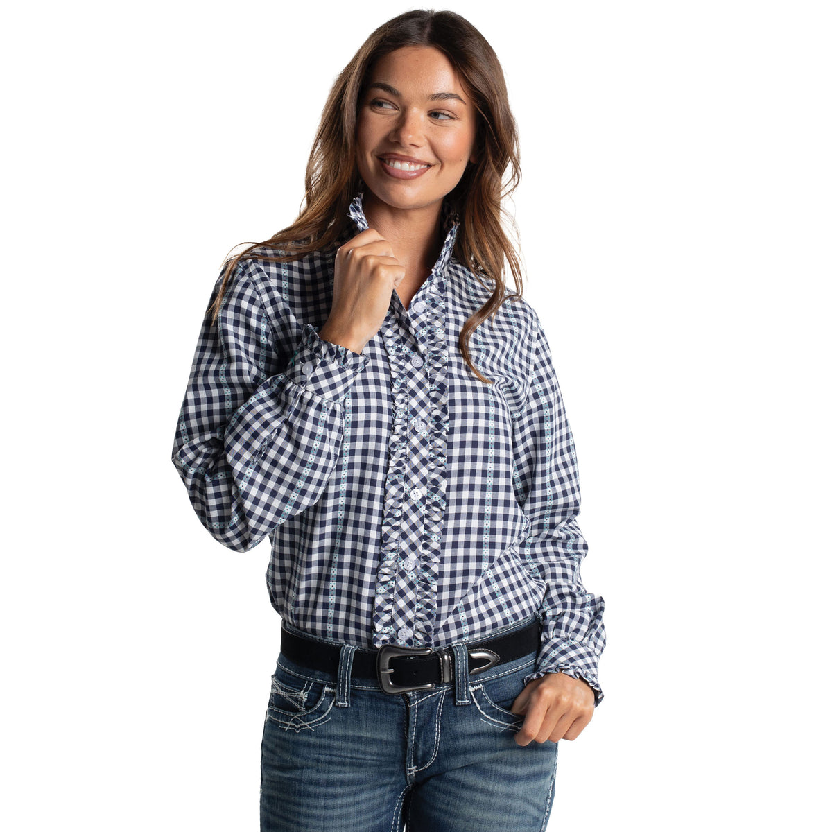Just Country Women's Abbey Full Button Shirt  - Frills Patriot Blue & White Check WWLS2687