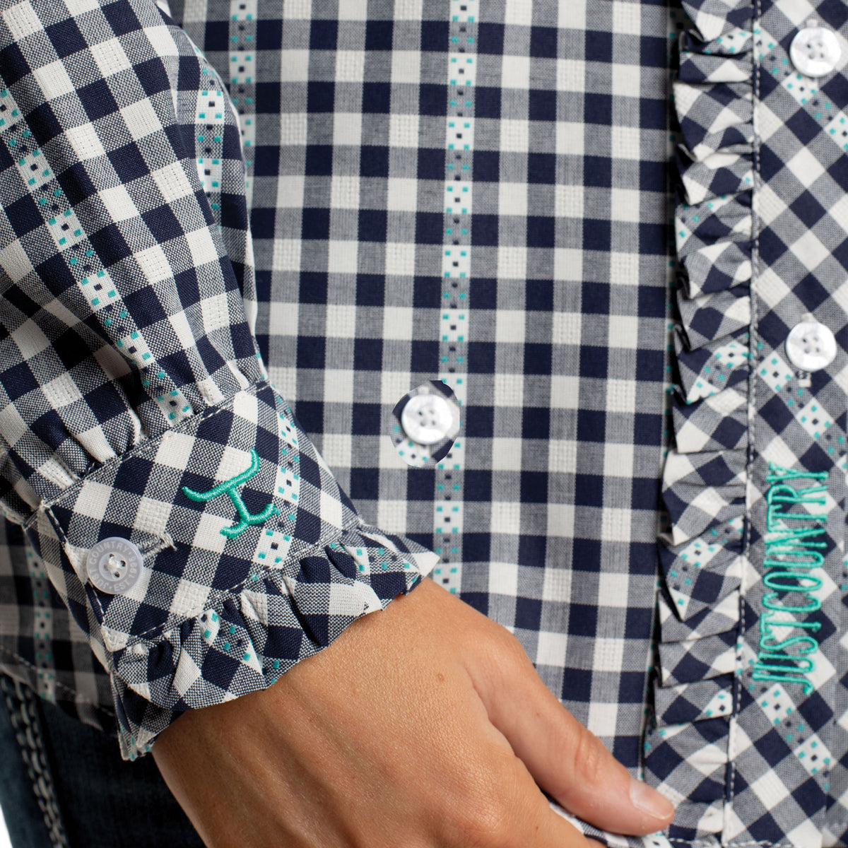 Just Country Women's Abbey Full Button Shirt  - Frills Patriot Blue & White Check WWLS2687