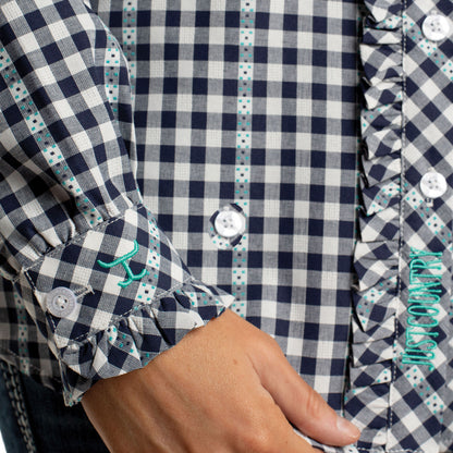 Just Country Women's Abbey Full Button Shirt  - Frills Patriot Blue & White Check WWLS2687