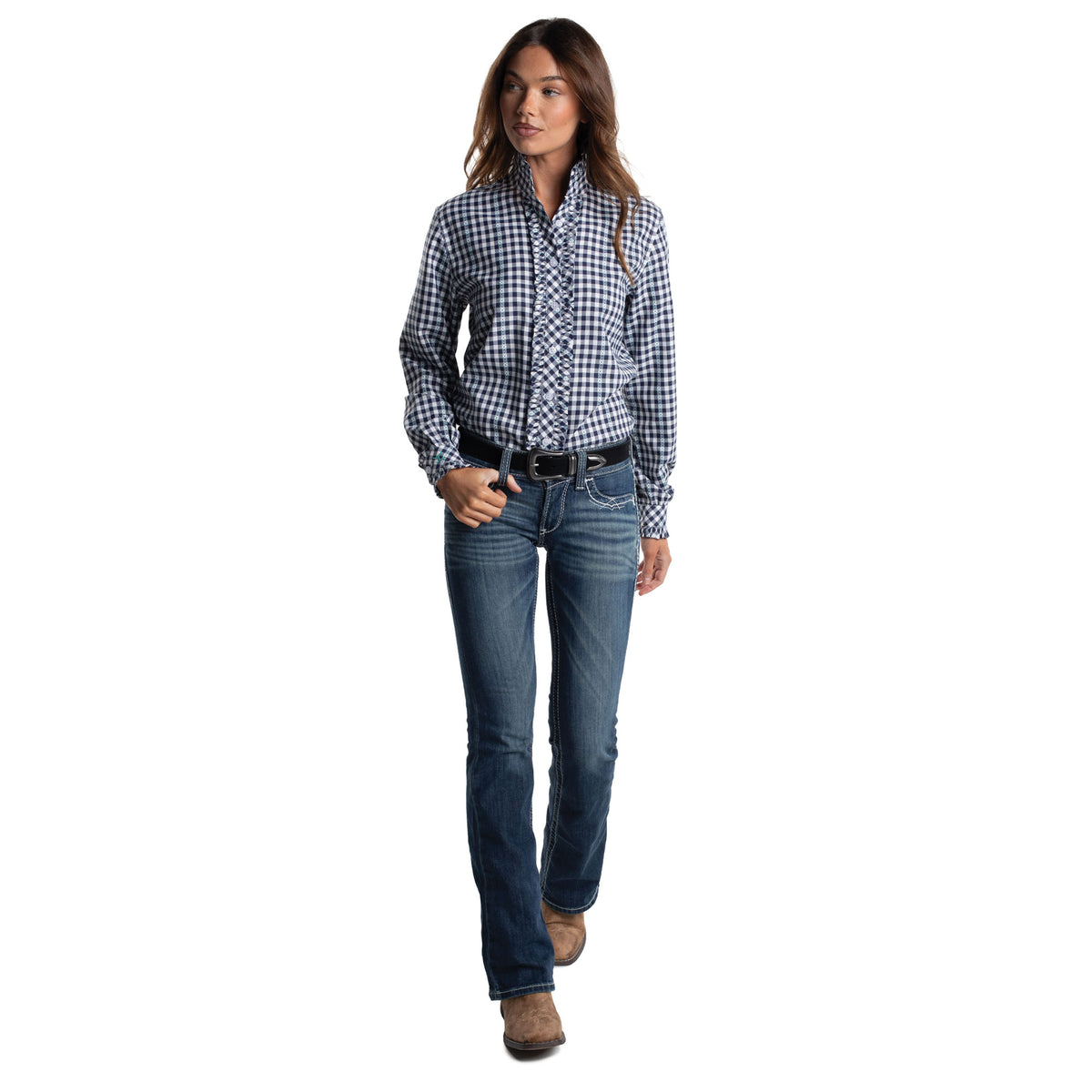 Just Country Women's Abbey Full Button Shirt  - Frills Patriot Blue & White Check WWLS2687