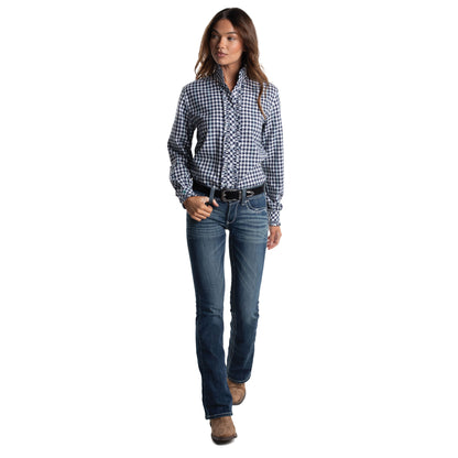 Just Country Women's Abbey Full Button Shirt  - Frills Patriot Blue & White Check WWLS2687