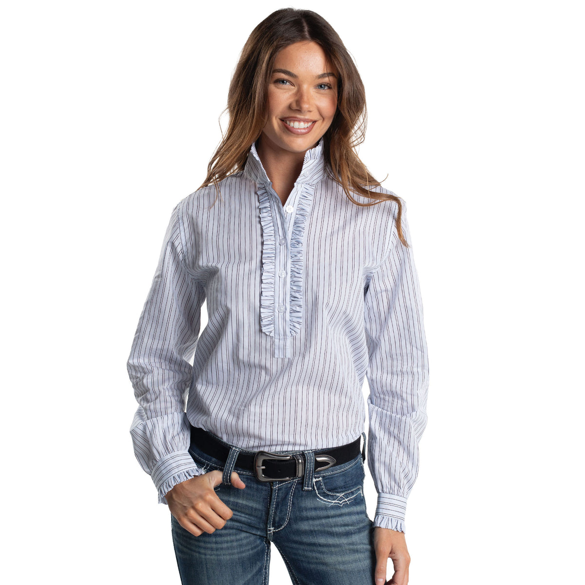 Just Country Women's Georgie Half Button Workshirt - Ice Blue Lurex Stripe WWLS2699