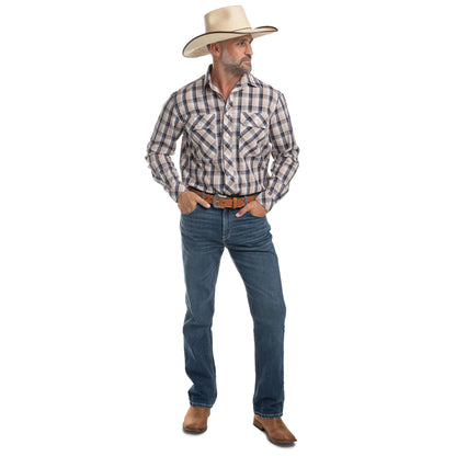 Just Country Men's Austin Full Button Workshirt - Tan, Navy & White Plaid
