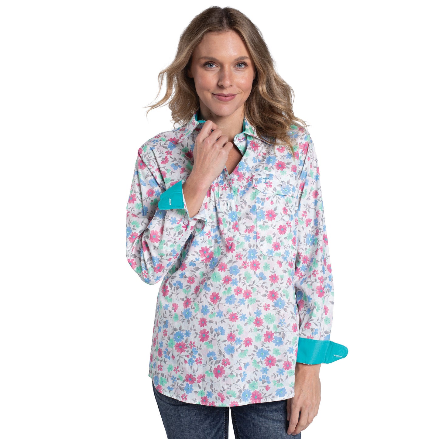 Just Country Women's Georgie Half Button Workshirt - Confetti Floral /Turquoise