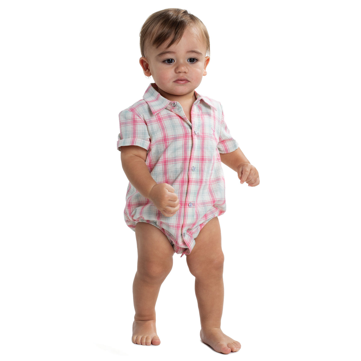 Just Country Infant Frankie Short Sleeve Full Button Jumpsuit - Pink, Blue & White Plaid IWSS2685