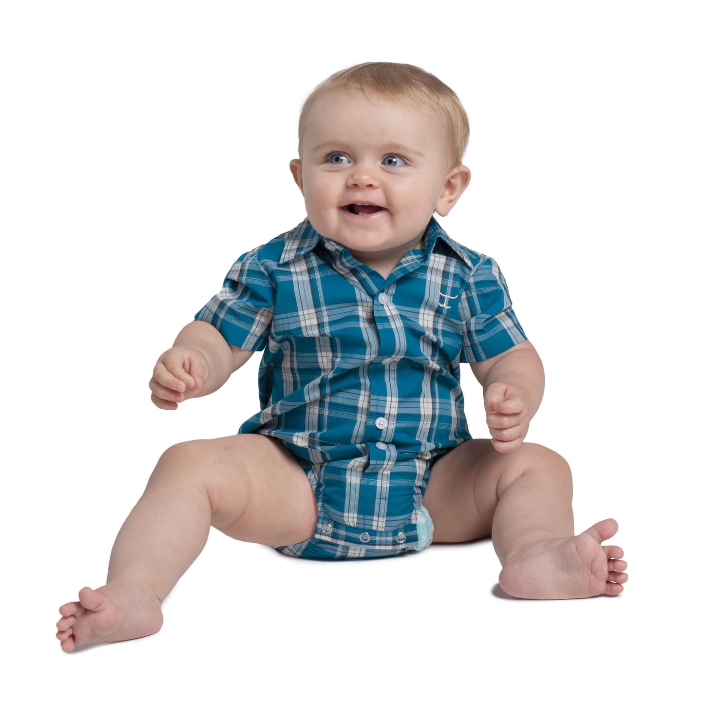 Just Country Infant Frankie Short Sleeve Full Button Jumpsuit - Petrol Plaid