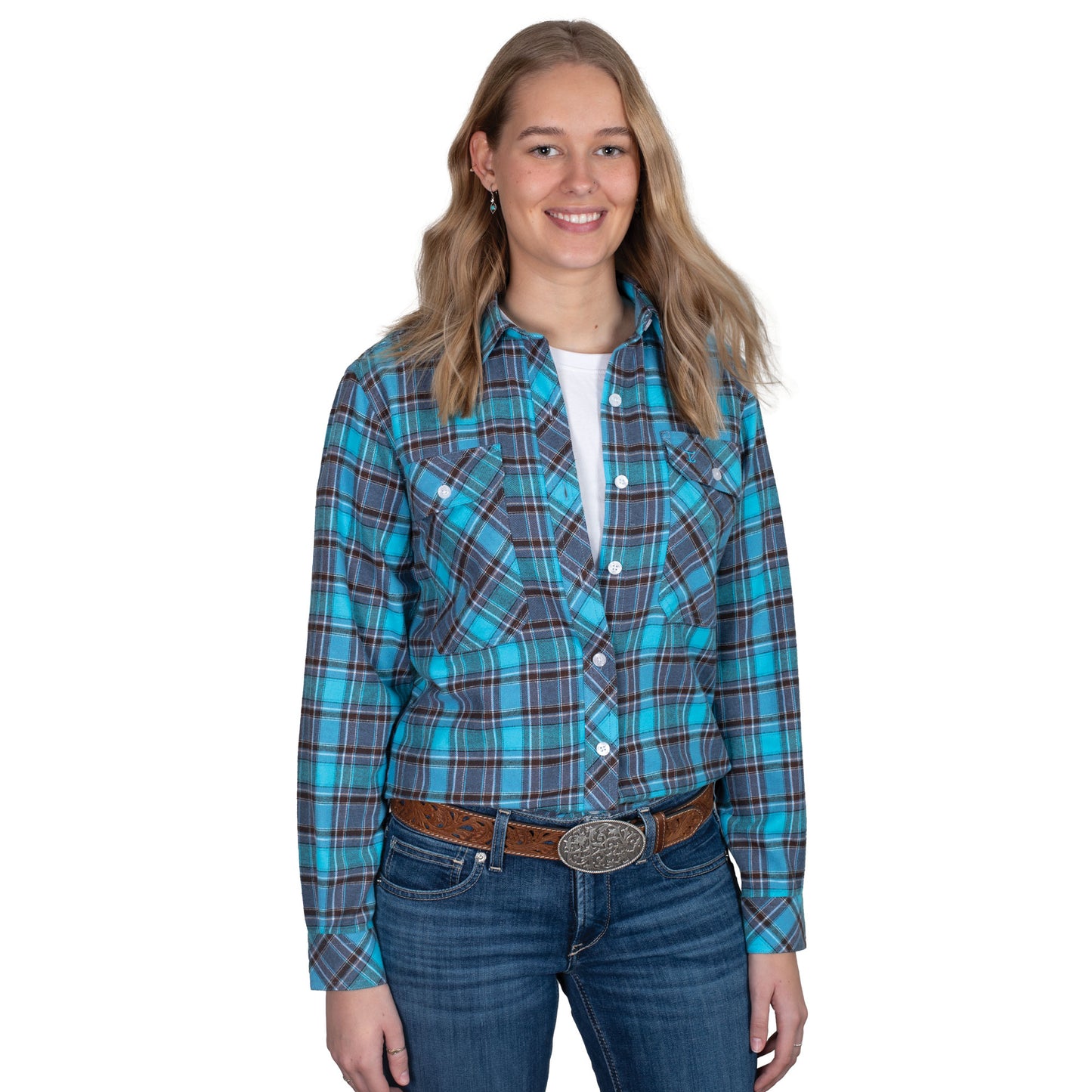 Just Country Women's Brooke Flannel Long Sleeve Shirt - Sky Blue/ Grey/Chocolate
