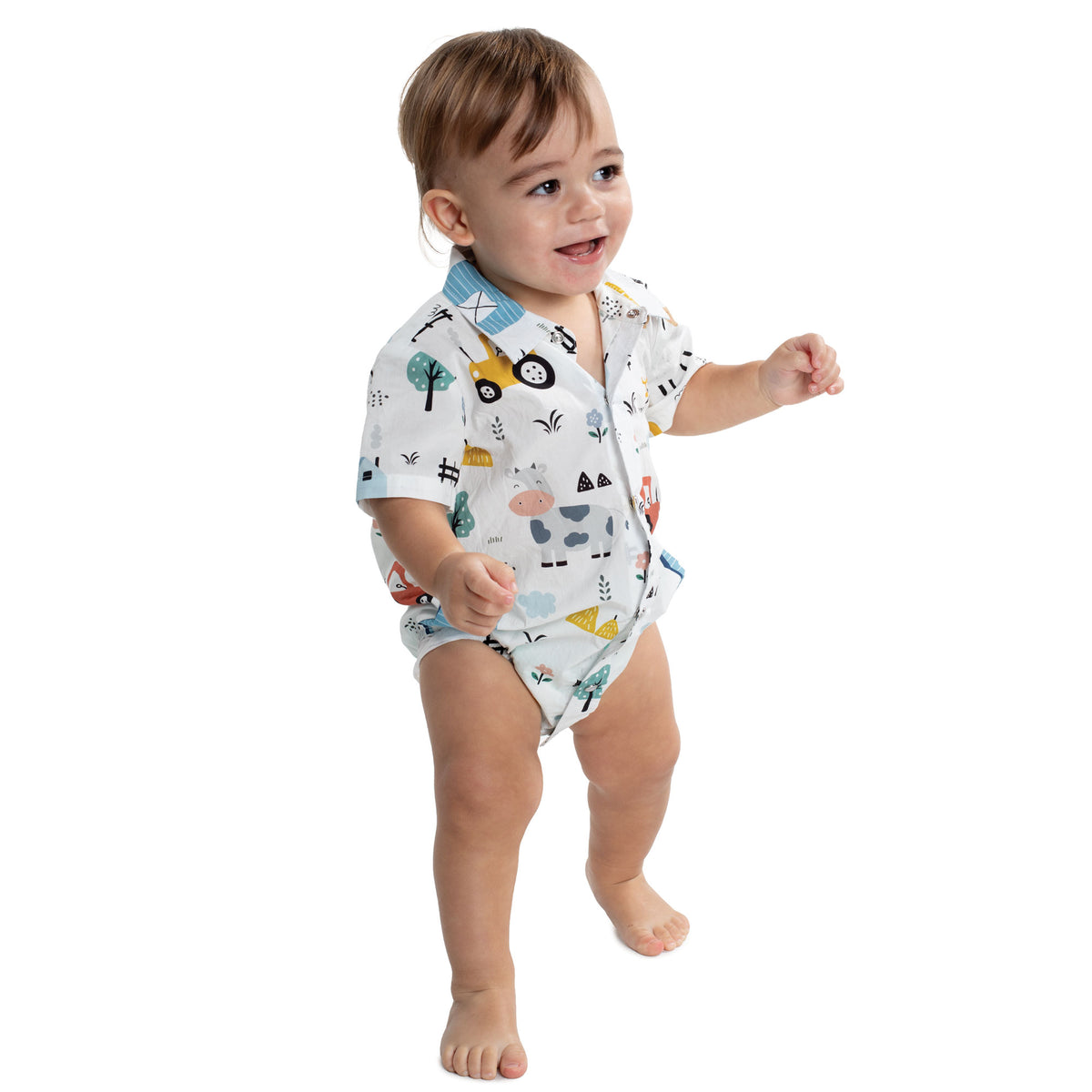 Just Country Infant Frankie Short Sleeve Full Button Jumpsuit - White Farm Print IWSS2695