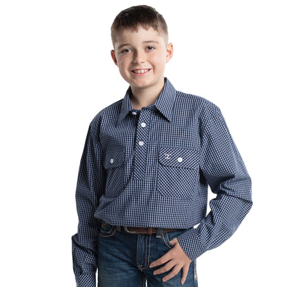 Just Country Boy's Brayden Half Button Workshirt - Patriot Blue & White Check BWLS2671