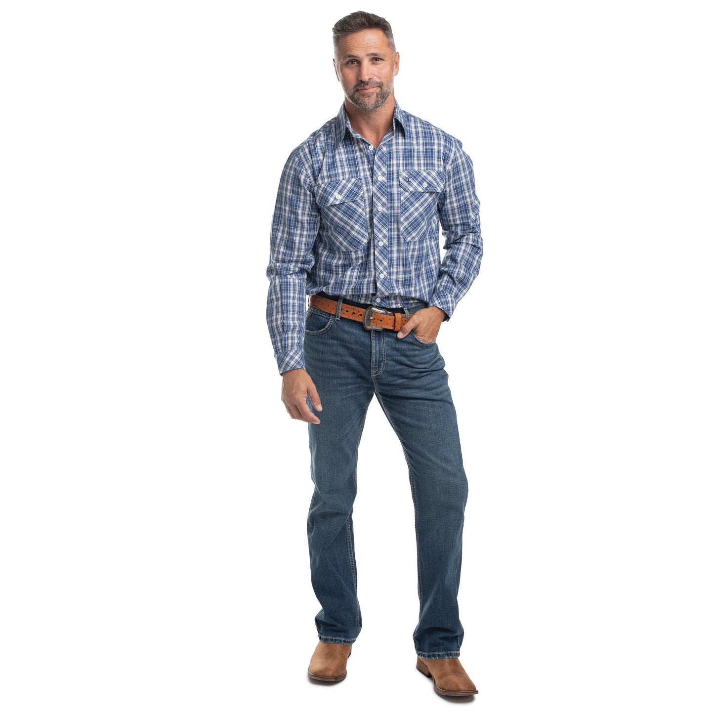 Just Country Men's Austin Full Button Long Sleeve Print Workshirt - Royal Blue & White Plaid