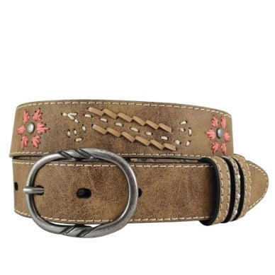 Roper Girl's Belt 1.1/4" Leather With Embroidered Flowers and Lacing Tan