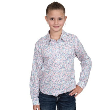 Just Country Girls Harper Half Button Workshirt - White Tulips GWLS2538