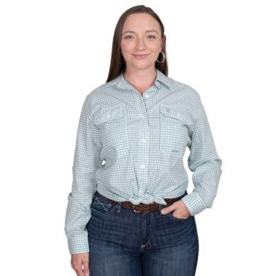 Just Country Women's Abbey Full Button Workshirt - Dusty Turquoise Small Check WWLS2357